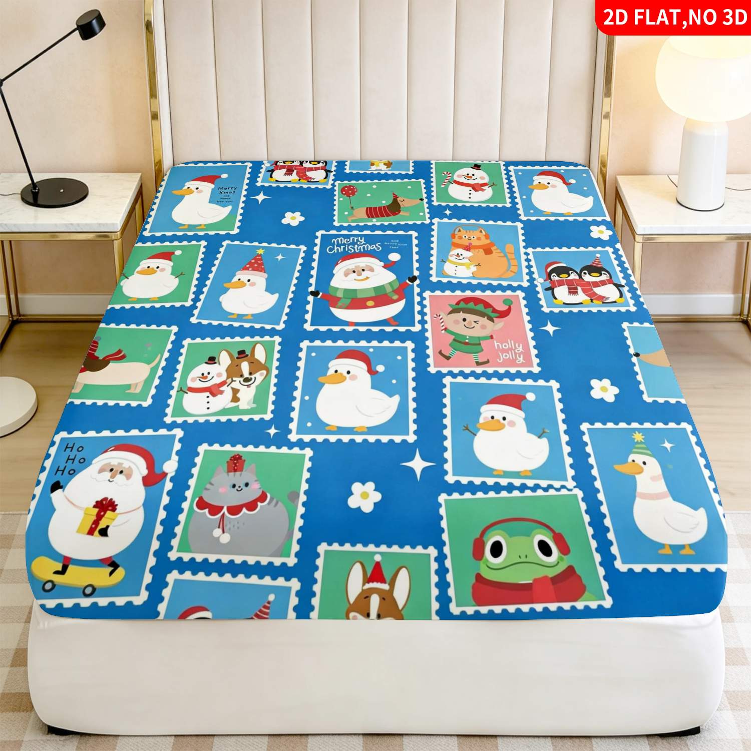 Baby Nursery Bedding Sets - Christmas Animal Stamp Pattern Blue Bedding