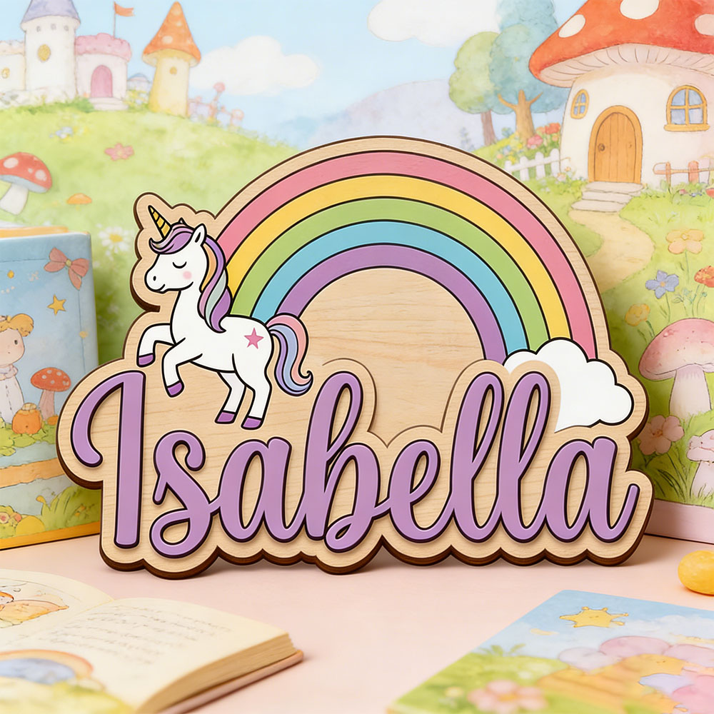 Baby Nursery Name Sign - Unicorn & Pastel Rainbow Custom Name