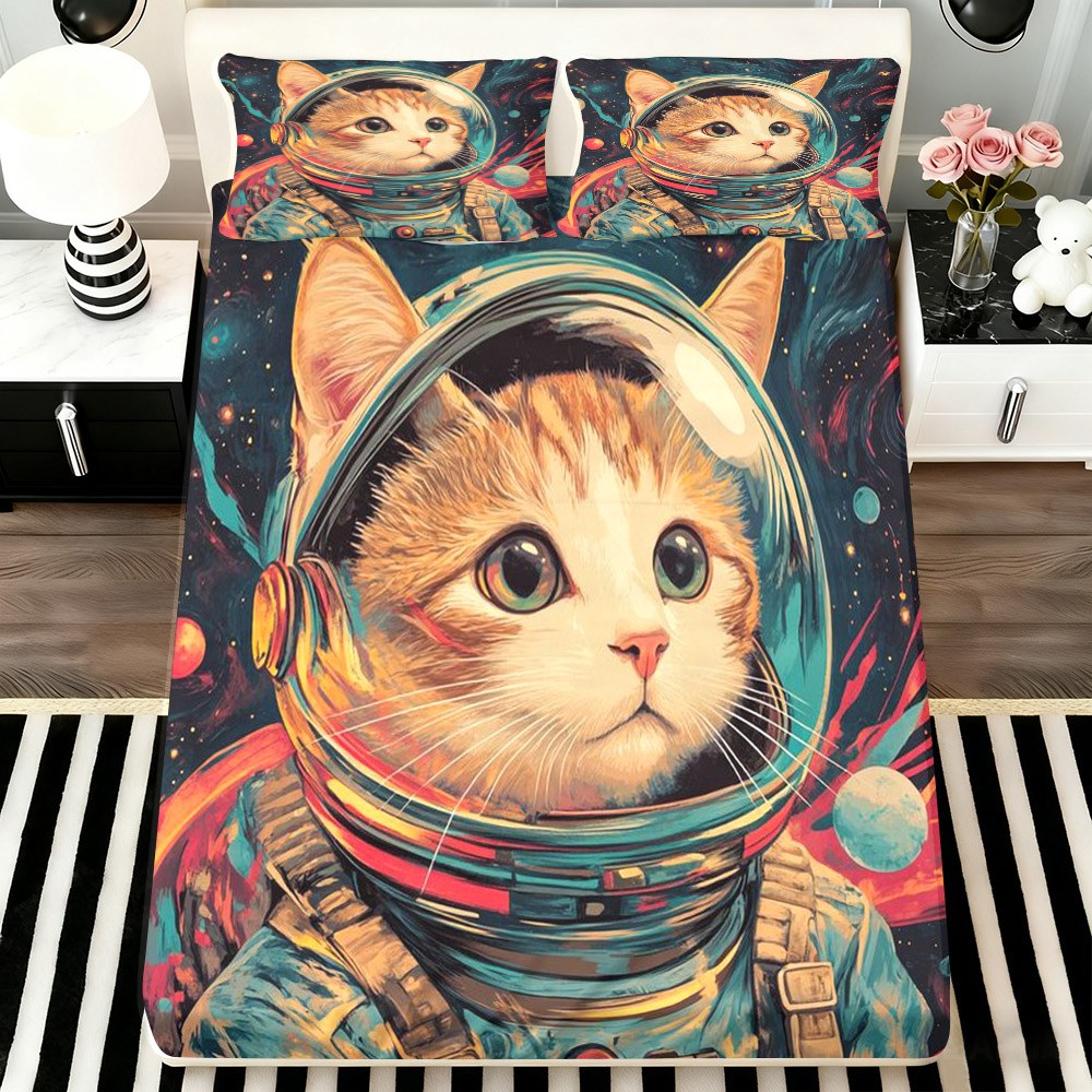 Space Cat Astronaut Bed Sheet  - Baby Nursery Bedding Sets ulasan dan harga
